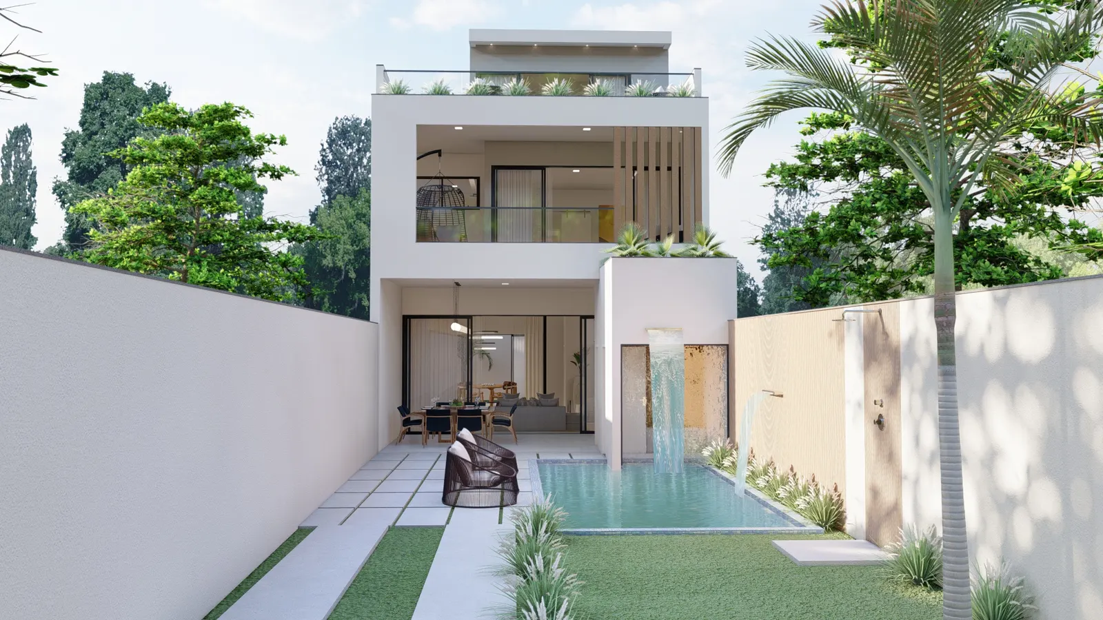 Fachada contemporânea branca com piscina, cascata e área gourmet integrada