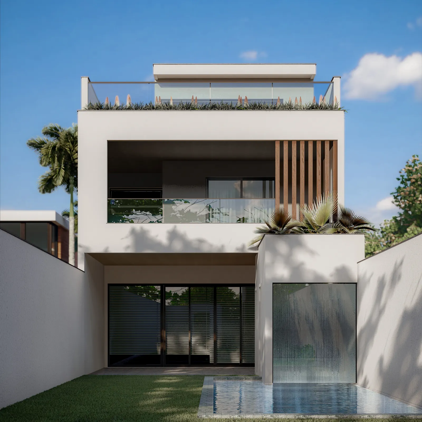 Fachada da casa Rio Mar, com três pavimentos, brises de madeira e terraço